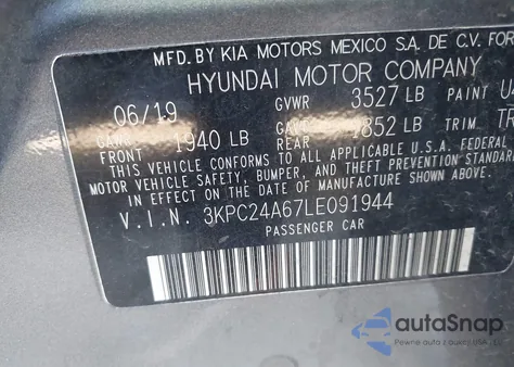 2020 Hyundai Accent Se z USA, uszkodzony, nr VIN 3KPC24A67LE091944